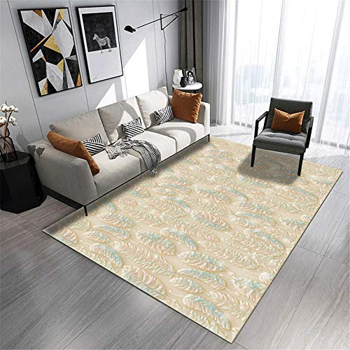 Xiaosua Tapis Carreau Ciment Beige Tapis de Salon Beige Abstrait Petit Motif de Plumes Tapis antidérapant Lavable Tapis Jeu 100X160CM Tapis Fausse Fourrure Blanc 3ft 3.4''X5ft 3''