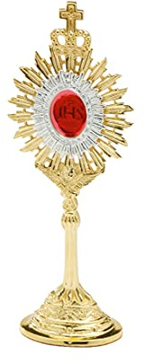 NKlaus Mini-Reliquiar Messing vergoldet H:18cm Fuß 5,5 x 3,8cm mittig - IHS-Symbol 10979