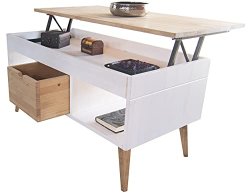 LoMasCasa Karla Couchtisch, höhenverstellbar, mit zentraler Schublade, aus massivem Kiefernholz in Weiß und Holz, konische Füße, Maße: 100 x 50 x 47 cm