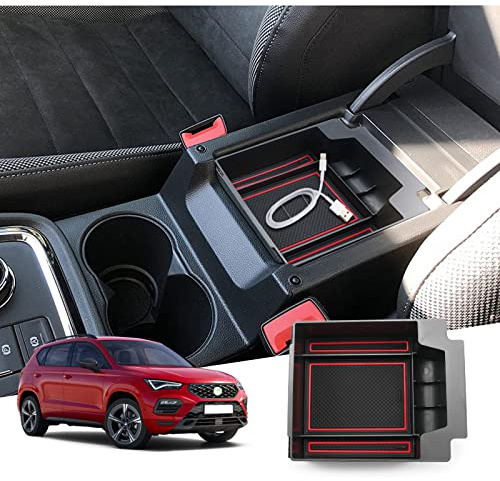 GAFAT Seat Ateca FR Facelift/Cuprα Ateca 2017-2025 2026 Mittelkonsole Aufbewahrungsbox, Seat Ateca 2025 Armlehne Organizer Tray Mittelarmlehne Handschuhfach, Seat Ateca Zubehör (Rot)