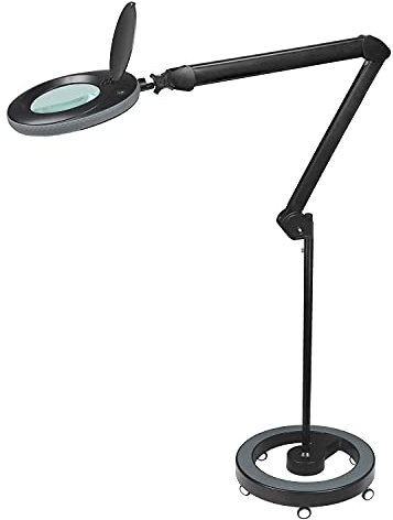 Lumeno LED Lupenleuchte 7215SW Lupenlampe mit 127 mm Echtglaslinse, Arbeitsplatzlampe, Kosmetiklampe, geeignet für Kosmetik, Bastler, Lesehilfe Vergrößerungslampe, 5 Dioptrien Schwarz mit Rollstativ