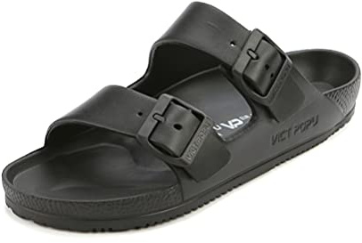 VICT POPU Womens Sandals Adjustable Double Buckle Strap Waterproof EVA Flat Slides BLACK 11