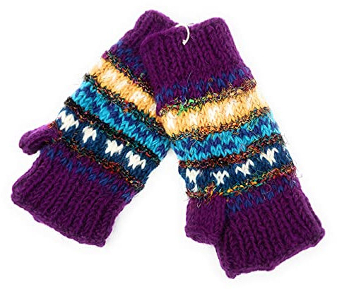 Handgestrickte, fingerlose Handschuhe aus Wolle und Seide, mit Fleece gefüttert, hergestellt in Nepal, Pflaume, Eine Größe passt meistens