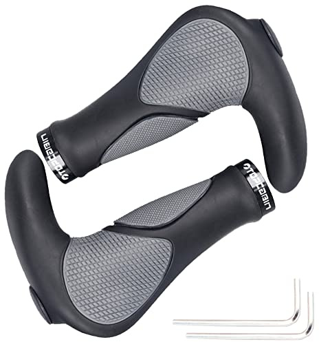 TOPCABIN Ergonomic Bicycle Grips - Widen Holding Rubber Bike Handlebar Grips with Aluminum LockGrips for Mountain & Road Bikes (Big Horn Shape, Black & Grey)