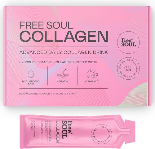 Marine Liquid Collagen 8000mg with Hyaluronic Acid, Keratin, & Vitamin C | 14 x 8000mg Hydrolysed Collagen Peptides Sachets | High Absorption Collagen Liquid Supplement by Free Soul