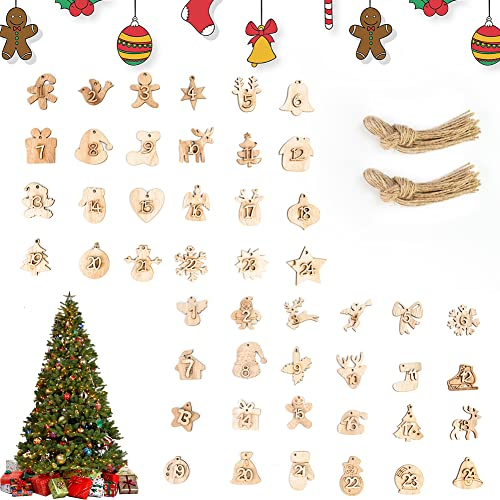 UTRUGAN 48 Stück Adventskalender Zahlen Holzzahlen Holzanhänger Holz-Adventskalender Zahl 1 bis 24 Weihnachten Adventszahlen Zahlen Holzzahlen für Dekorationen, Anhänger, Ornamente, Weihnachtsbaum