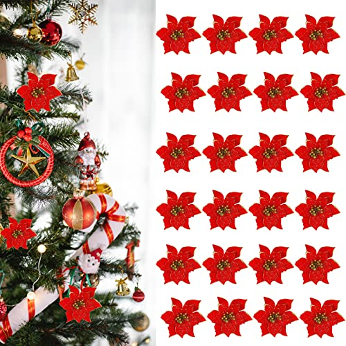 24 Stücke Weihnachtsbaum Dekoration Blumen Glitzer Weihnachtsstern Blumen Künstliche Weihnachten Blumen Aufhängen Weihnachtsbaum Baumschmuck Weihnachten für Hochzeit Kranz Home DIY Ornamente (Rot)
