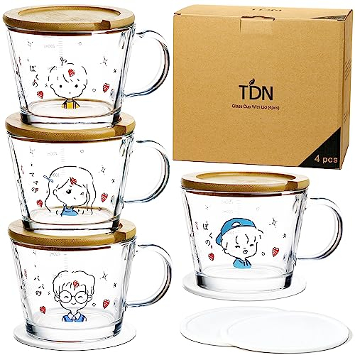 TDN Kaffeetassen Set, 4er Set Latte Macchiato Gläser mit Henkel, Trinkgläser mit Bambusdeckel, Frühstückstasse für Tee, Kaffee, Cappuccino, Wassergläser Spülmaschinenfest und Mikrowellen, 400ML