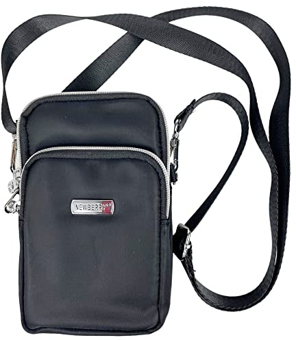 kleine Damen & Herren Handy Umhängetasche von New Berry/Schulter-Trageband, Gürtelschlaufe und Karabiner (schwarz)