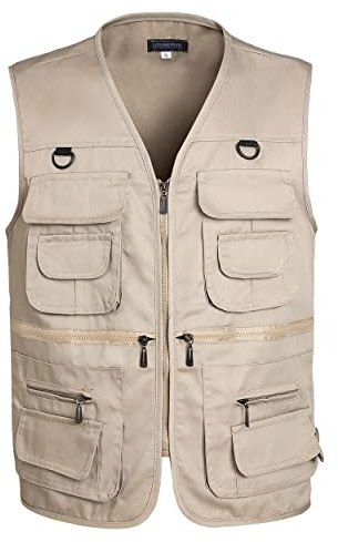 LISUHEPEAL Men's Fishing Vest Summer Outdoor Work Safari Travel Photo Khaki Vests with Multi Zipper Pockets For Men (S18 L-Khaki)