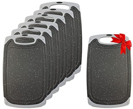 KPYTO Frühstücksbrettchen 6er Set + 1 Brettchen gratis, 25 x 15 cm, Schneidebrett Set, beidseitig, rutschfest mit Saftrille, schwarze Brettchen mit grauem Rand, Brotzeitbrett
