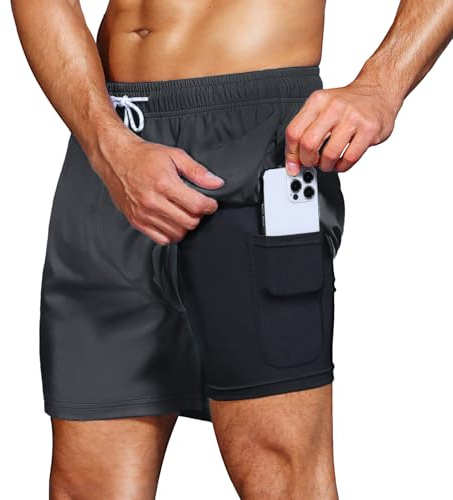 HMIYA Badehose Herren 2 in 1 Badeshorts Schwimmhose Schnelltrocknend Kurz Boardshorts mit Kompression und Reißverschlusstaschen(Dunkelgrau 01 M)