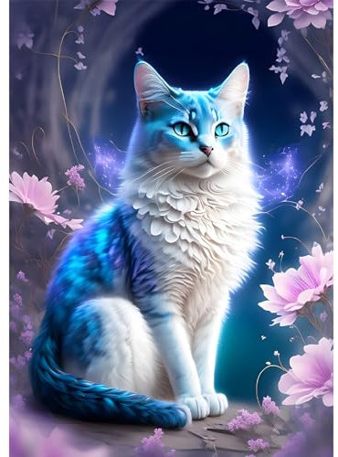 DAERLE Chat blanc avec fleur Peinture Diamant, 5D Diamond Painting Complet Chat, Diamant Strass Point de Croix Cristal Painting Diamant Kit Enfants Painting pour Murale Décoration 30x40 cm