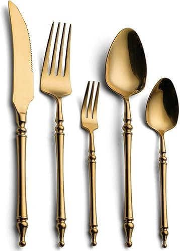 Tafelsilber-Set mit 20 Stück, Edelstahl-Goldbesteck inklusive Messer/Gabel/Löffel, wiederverwendbar, spülmaschinenfest