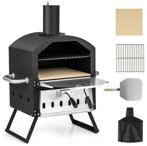 KOMFOTTEU Pizza Aperta Esterna, 2 Livelli Pizza Forno 600℃, Forno per Legno Portatile in Acciaio Inossidabile, Forno per Pizza Giardino Mini Ove con Pietra Pizza Pala Pizzaschaufel Grillrost Coperchio