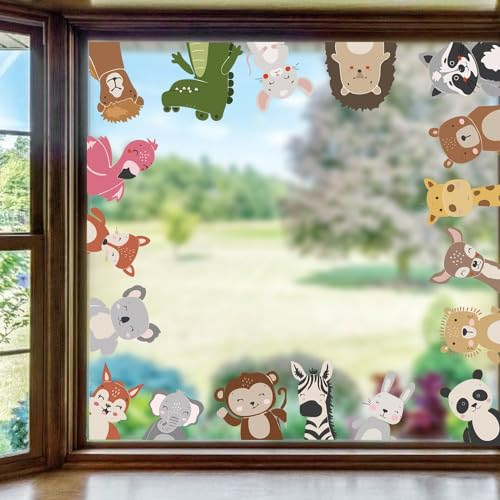 ORIGACH 9 Blätter Safari Tiere Fensteraufkleber Wilde Tiere Fensterabziehbilder Waldtiere Doppelseitige Glasfenster Tür Aufkleber Haus Küche Kinderzimmer Zootiere Partyzubehör Dekorationen