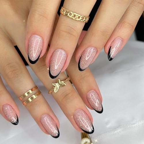 24pcs Short Oval French Black Tip Press on Nails with Glitter Pink, Removable Glue-on Acrylic Full Cover False Nails for Women Girls - Art Accessories