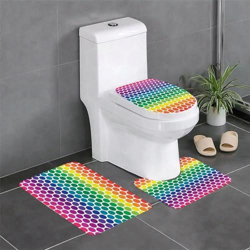 AOKLEY Badteppich-Set 3-teilige, rutschfeste,rutschfeste Badematte, U-förmiger Konturteppich und Toilettendeckel,Regenbogen-Punkt-Hintergrund