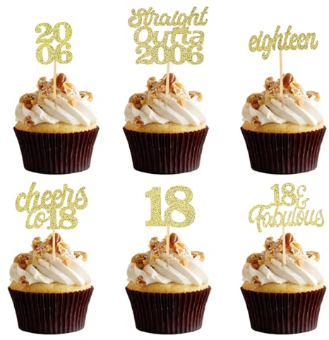 ALEGRE Tortendeko 18 Geburtstag Junge Mädchen,24 Stück Glitzer Cupcake Topper 18 Geburtstag Deko,Cheers to 18 Cake Topper 18 Geburtstag,Kuchen Deko 18 Geburtstag,Gold Muffin Deko 18 von 2006
