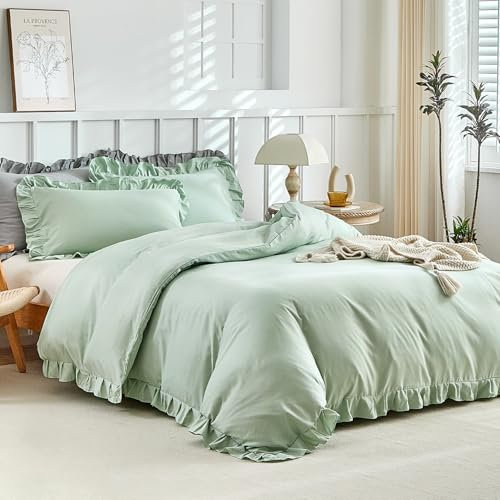 Tokokimo Feuille de Lotus Housse de Couette 220x240 avec 2 Taies d'oreiller 65x65 cm - Modèle à Volants - Parure de lit 220x240 Adulte - 100% Microfibre Parure Couette Fermetures éclair, Vert Sauge