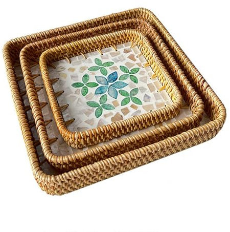 3er-Set Rattan-Serviertablett, Flache Quadratische Körbe, Rattan-Tablett mit Perlmutt-Einlage, Handgeflochtene Korbkörbe für Snacks, Obst, Organisation und Aufbewahrungskorb(Mittlere Orchidee)