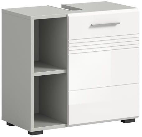 xonox.home Badezimmer Copa Waschbeckenunterschrank Badunterschrank Waschbecken Unterschrank Schrank in Front weiß Hochglanz tiefzieh Korpus Hellgrau, ca.60x56x32 cm mit Regal