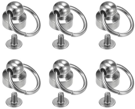 sourcing map 6pcs O Ring Brass Round Head Rivets Studs 9mm Metal Rivets Fasteners with Screw and Pull Ring for DIY Leather Craft Purse Mobile Case Handbag, Silver Tone