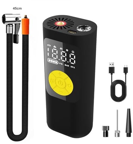 Tyre inflator,Tyre inflator air compressor,5000mAh/12V/150 PSI, Preset Tyre Pressure & Auto Shutoff, car tyre pump,car tyre inflator,Motorbike,Bicycle,Inflatable ball/Bed/Boat (Yellow)
