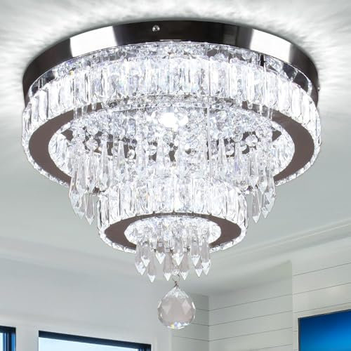 Finktonglan 15,7'' Kristall-Kronleuchter, moderne 2 Ringleuchten mit K9-Kristallen, halb bündig montierte Deckenleuchte 6500K, Kronleuchter für Esszimmer Schlafzimmer Wohnzimmer Flur (Kühl weiß)