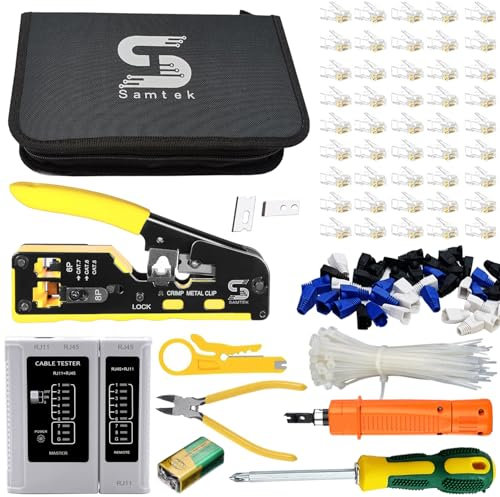 SAMTEK RJ45 Crimp Tool Kit, All in One Pass Through Ethernet Crimping Tool for Cat5/Cat6/Cat7 & RJ11 for Telephone Line Connector – Includes Cable Cutter, Cable Tester, Stripper, Screwdriver