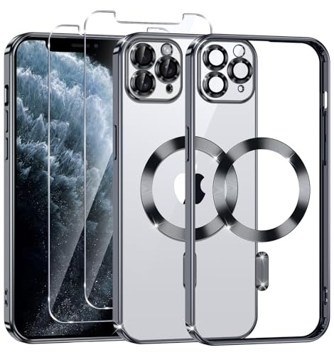 Phoona Klare Magnetisch Hülle für iPhone 11 Pro Max 6,5 Zoll, mit 2 Stück Gehärtete Glas Schutzfolie, Anti-Gelb, Stoßfest Kabellosem Laden, Anti Scratch, Schwarz