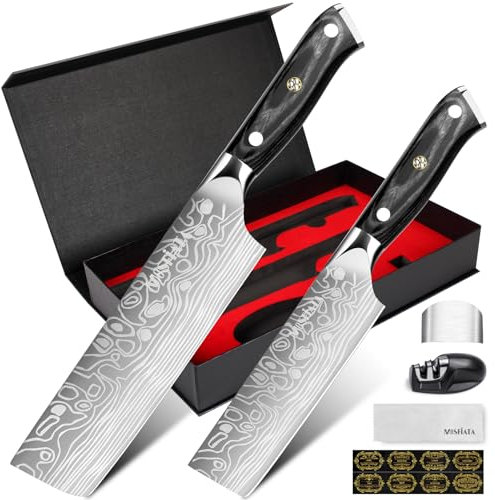 MOSFiATA Nakiri Kitchen Knife, 7”&5.5 Professional Chef Knife Set, German Stainless Steel Ultra Sharp Cooking Knife, Japanese Vegetable Knives Set with Sharpener Finger Guard Gift Box