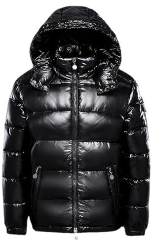 FM2018XSL Herren Pufferjacke Mit Kapuze Leicht Warme Kurze Winterjacke Winddicht Steppjacke Metall Glänzende Daunenjacke (DE/NL/SE/PL, Alphanumerisch, XS, Regular, Regular, Schwarz)