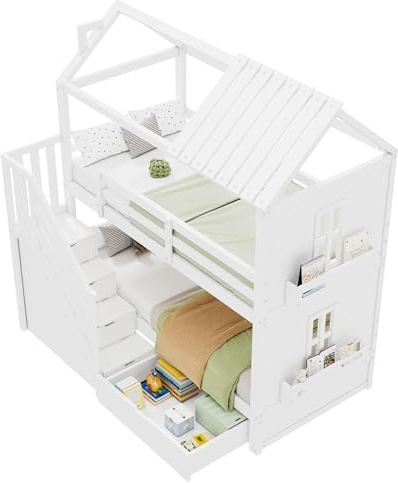 Azkoeesy letto a castello 90x200 cm con Scala Sicurezza e contenitore, design a forma di casa per bambini, libreria, cassetto, corrimano di sicurezza e protezione anticaduta, legno di pino, bianco