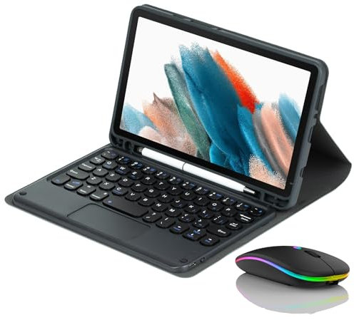 JZCZMCE Étui Clavier pour Samsung Galaxy Tab A8 10.5'' 2022, Porte-Crayon Intégré, Clavier sans Fil Détachable et Magnétique avec Souris Bluetooth,Noir
