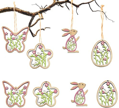 17 Stück Osterdeko zum Aufhängen, Holz Anhänger für Ostern, Frühlingsdeko mit Osterhasen, Ostereiern, Schmetterlingen und Blumen, Perfekte Ostern Deko für Ihr Zuhause