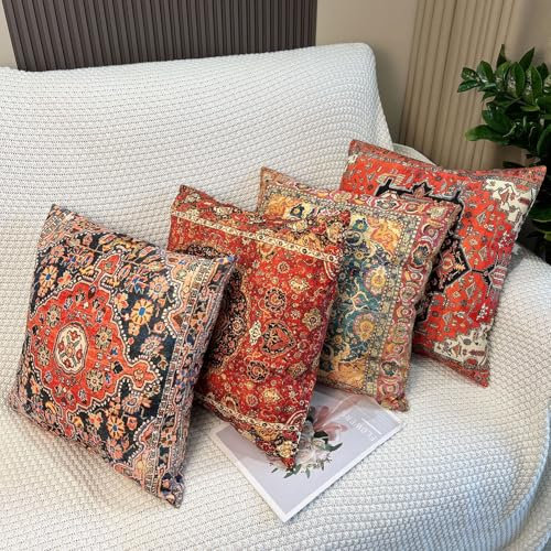 ZHAOMIMI 4er Set Dekorativ Kissenhülle Baumwolle Kissenbezug Doppelseitiges Muster Dekokissen Sofakissen für Couch, Auto, Schlafzimmer 45x45 cm (Böhmen Osten)