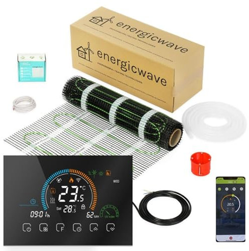 Elektrische Fußbodenheizung 150 W/m² – Heizmatte Komplettset mit WLAN-Thermostat, Fußbodenheizmatte für Fliesen, Steinzeug, Steinböden – 1m²