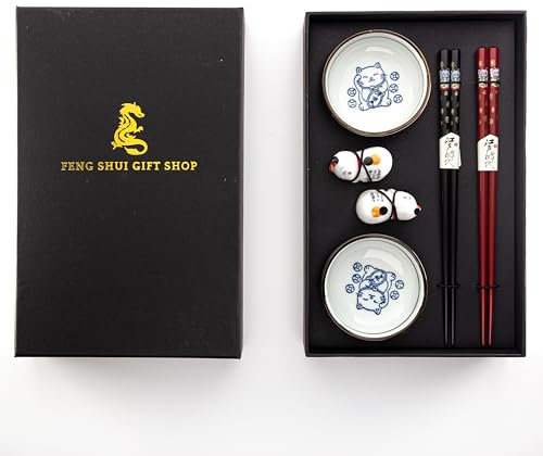 Premium Chopstick Set – 2 Ceramic Dishes, 2 Bamboo Chopsticks, 2 Ceramic Holders – Elegant Gift Box for Sushi, Ramen & Asian Cuisine (Lucky Cat)