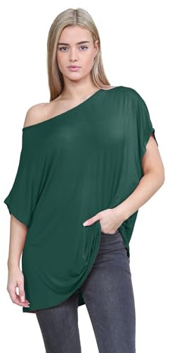 Janisramone Maglietta da donna a maniche corte a pipistrello con spalle scoperte, stile Bardot, per abbigliamento casual e da festa, [multiple], Verde bottiglia, 12-14