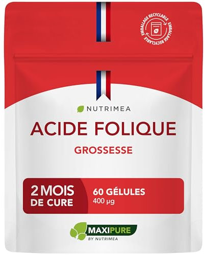 ACIDE FOLIQUE – Vitamine B9 – Assimilation Supérieure – Complément Pour Femme Enceinte – Réduit la Fatigue – 60 Gélules Vegan - Fabriqué en France - Nutrimea