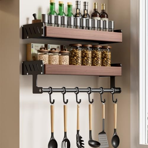 Edumov Gewürzregal Holz Metall, 2er Pack Gewürzregale Wand Ohne Bohren, Spice Rack Organizer mit Haken, Gewürzregale zur Wandmontage, Gewürzhalter Hängend Küchenregal zum Kleben Küche/Bad