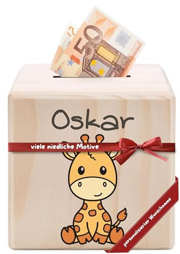 DEschenk Spardose personalisiert aus Holz – Spardose Kinder personalisiert, Sparschwein Baby als Geschenkidee, perfekte Kinderzimmer Dekoration für Jungen und Mädchen (Giraffe)
