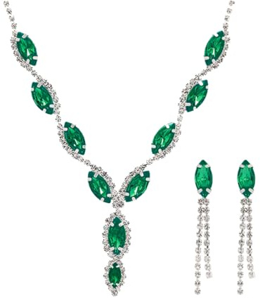 Auriselle Gioielli da sposa strass donna, set di gioielli da sposa in 2 pezzi, collana con pendente a goccia, set di orecchini strass luccicanti, collane donne e ragazze, verde