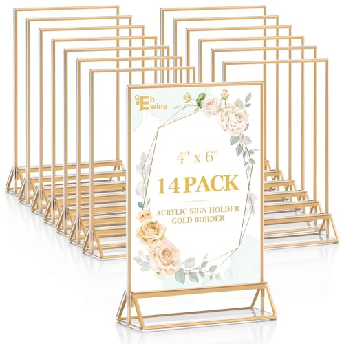 EHWINE 14 Pack 4×6 Clear Acrylic Sign Holder with Gold Borders and Vertical Stand, Double Sided Table Menu Holders Picture Frames for Wedding Table Numbers, Restaurant Signs, Photos and Art Display
