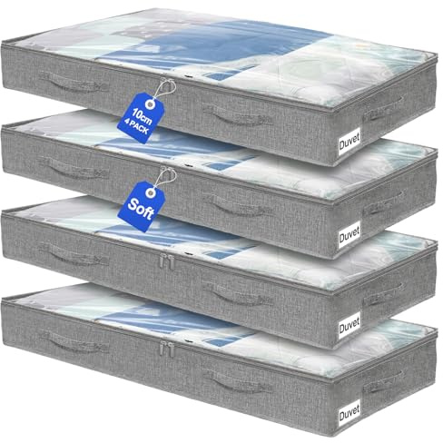 Unterbett-Aufbewahrungstaschen, 50L, 10 cm hoch, Sichtfenster, 4er-Set | Leinen mit Sichtfenster, 2-Wege-Reißverschluss, 4 robuste Griffe, faltbar, für Kleidung, Bettwäsche und Decken