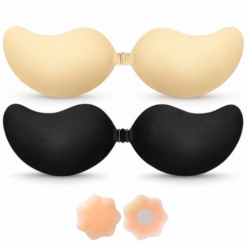 BLOOMORA Soutien-Gorge Adhésif Push Up – 2 Soutiens-Gorge Adhésifs Noir & Beige + Caches-Tétons Réutilisables - Bonnet A-D