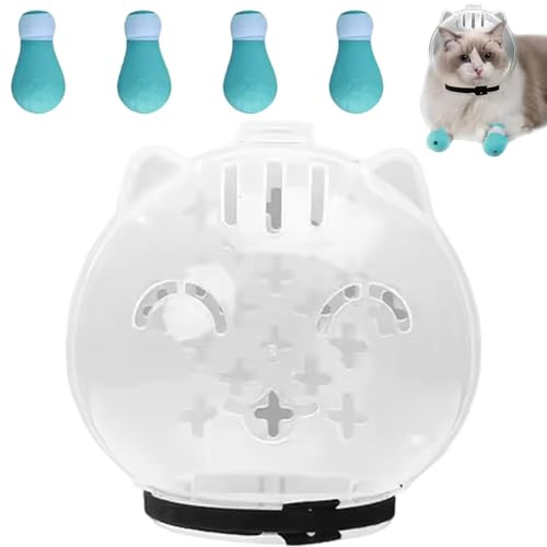Cat Bubble Muzzle Breathable Cat Helmet for Grooming Anti Bite Transparent Head Cover with 4 Silicone Paw Shoes for Bath Nail Trimming, L.
