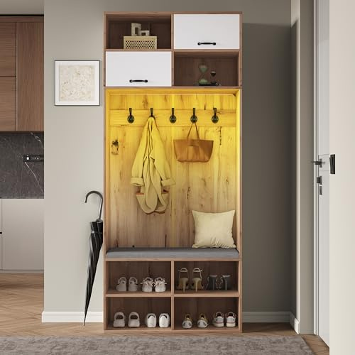 Merax Flurgarderobe Garderobenschrank Flur, Garderobenset mit Sitzbank, LED-Beleuchtung, 5 Haken, 2 Türen & 6 Offener Lagerraum, Garderobenständer für Eingangsbereich, Naturholzfarbe, 80×185×35 cm