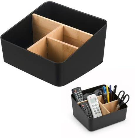 Alyxen 4 Compartimentos Organizador de Escritorio,Multifuncional Caja de Almacenamiento de Bambú Organizador de Mandos para Cosmética Pluma, Teléfono Móvil Gafas Control Remoto (Negro)